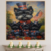 Black Affenpinscher Mother and Puppies Dressed in Patriotic Red White and Blue with Hats and American Flag in Flower Field on Ready to Hang 1.5" Thick Canvas Wrap, Floating Framed Canvas, Flat Rolled Canvas